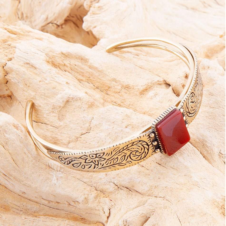 Stamped Orange Carnelian Golden Cuff Bracelet - Image 5