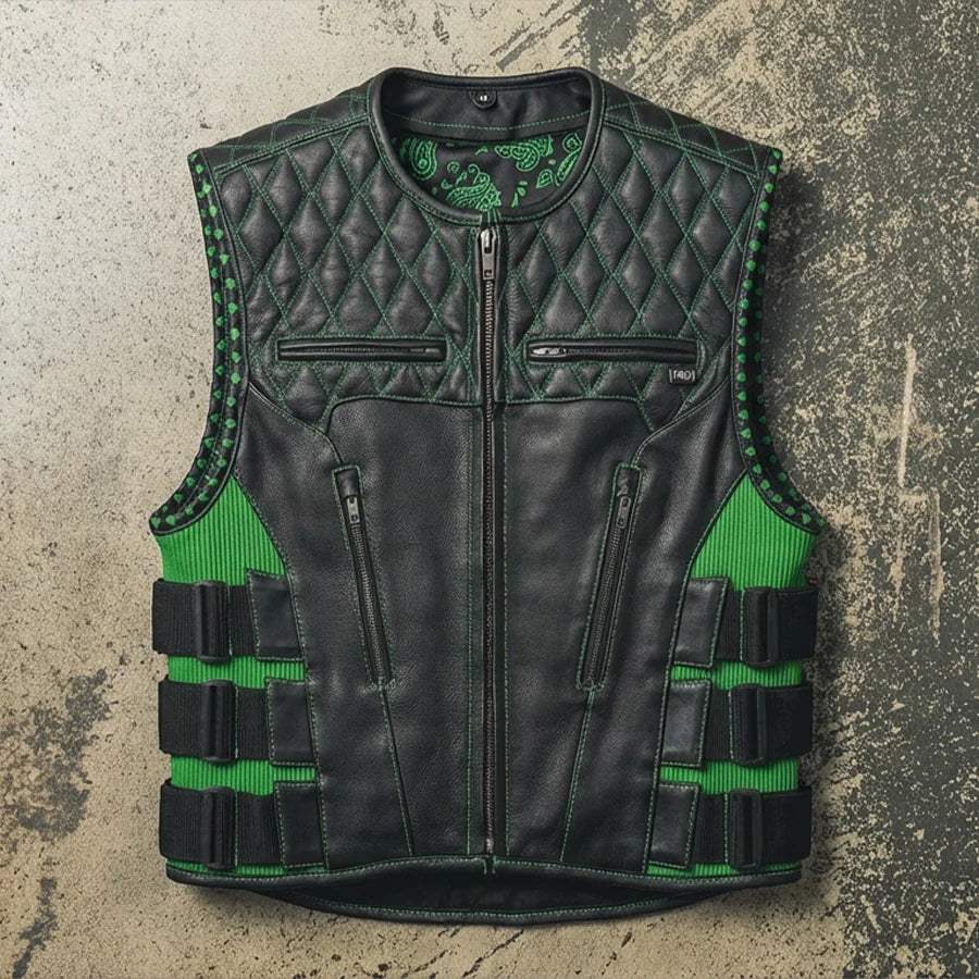 Tactical Emerald Men’s Motorcycle Leather Vest - Image 3