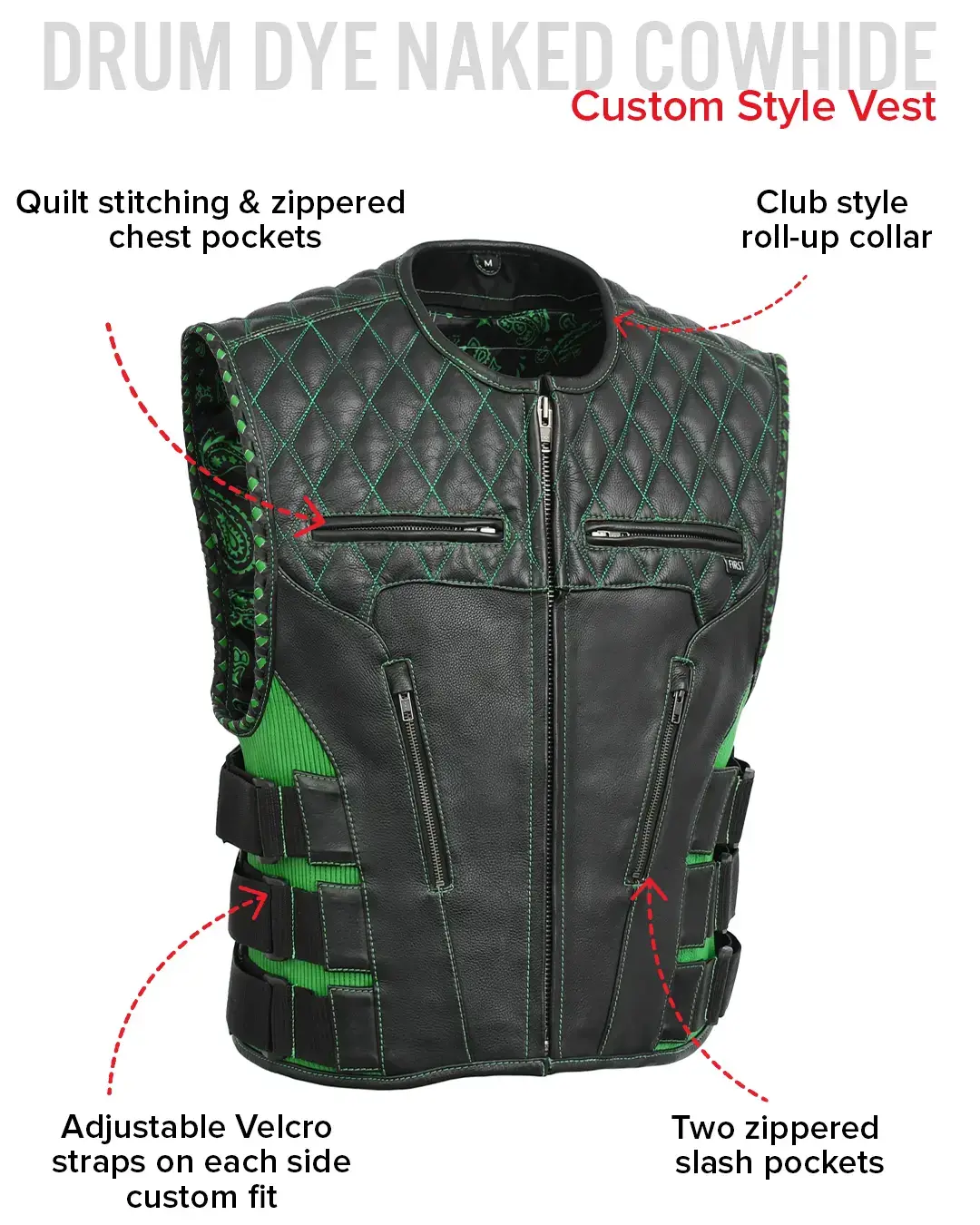 Tactical Emerald Men’s Motorcycle Leather Vest - Image 46