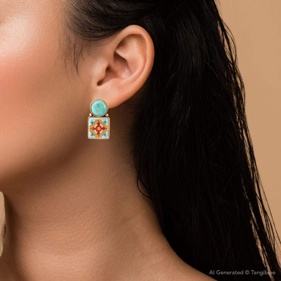 Talavera Tile Blue Turquoise Golden Drop Earrings - Image 3
