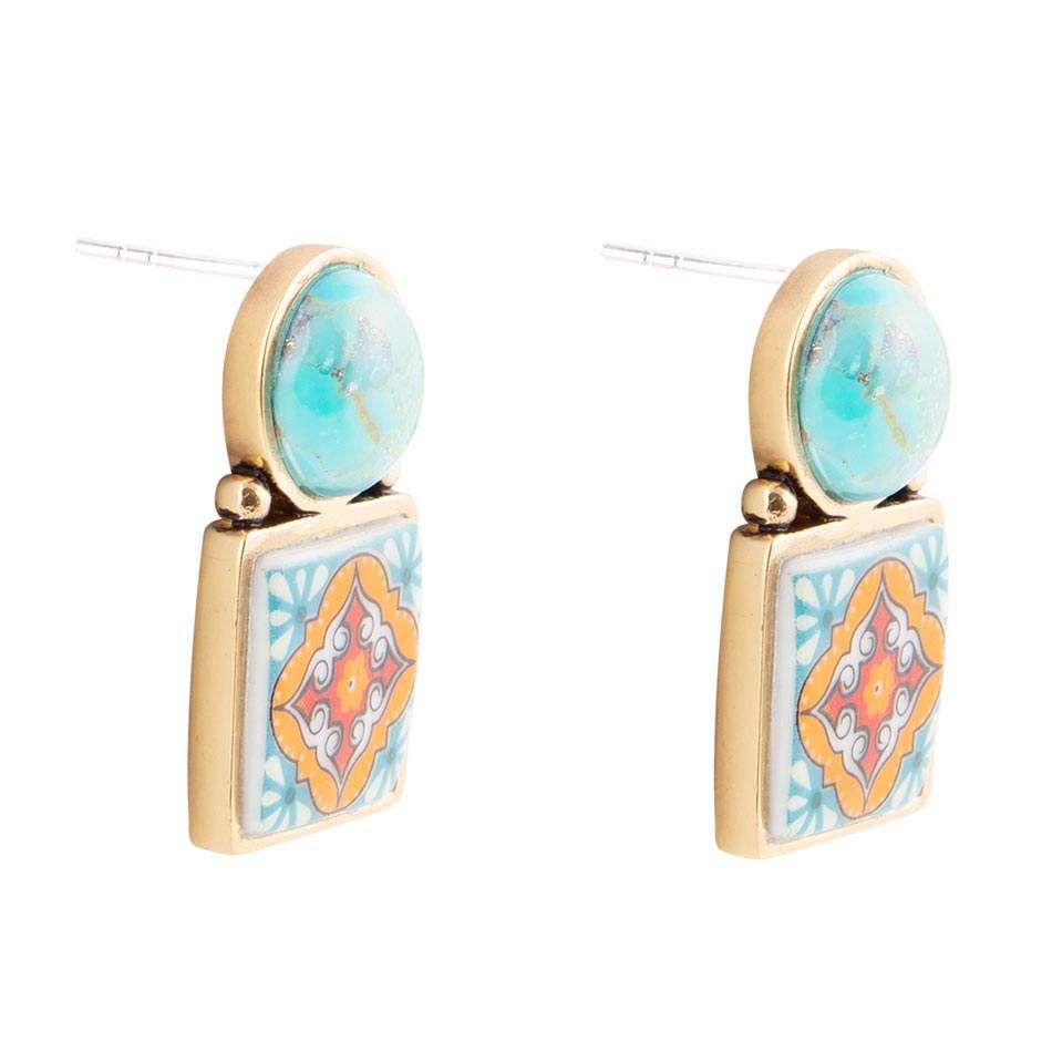 Talavera Tile Blue Turquoise Golden Drop Earrings - Image 4