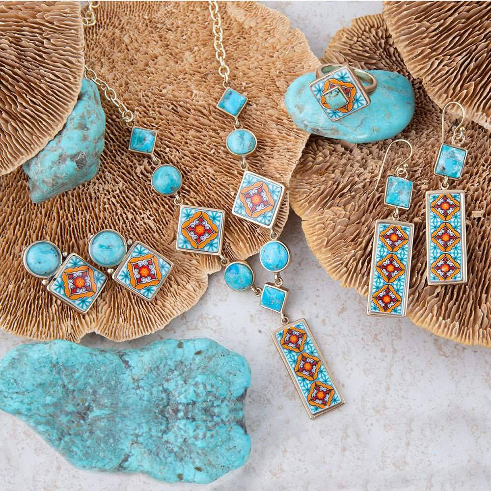 Talavera Tile Blue Turquoise Golden Drop Earrings - Image 5