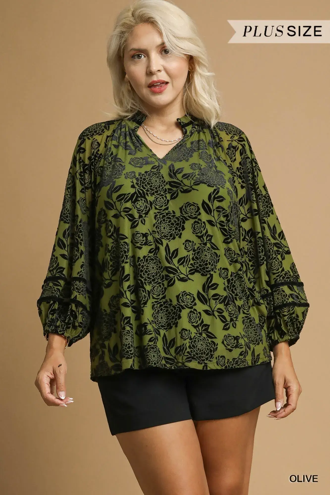 Umgee Full Size Floral Velvet Blouse with Balloon Sleeves Plus Size - Image 6
