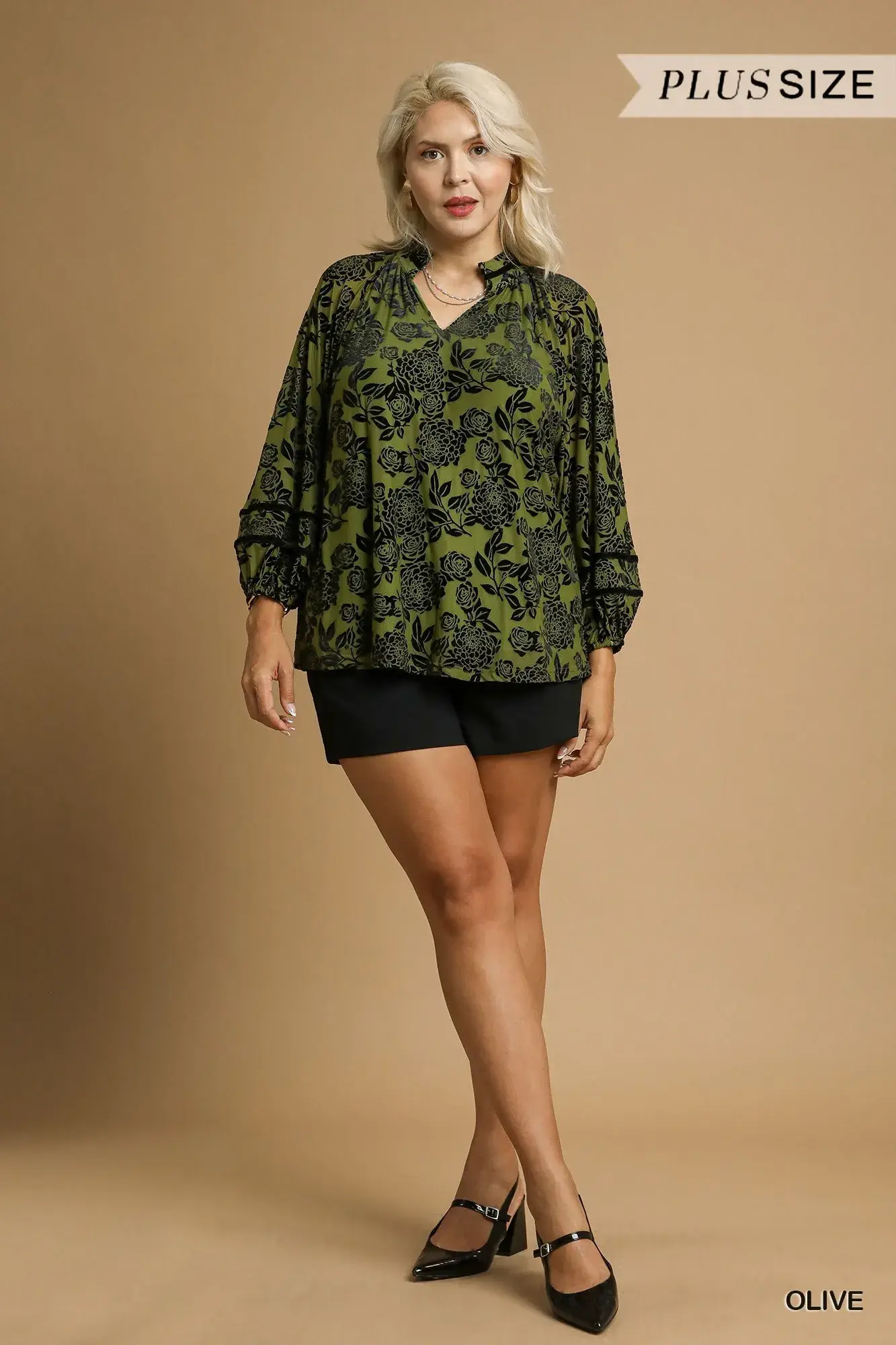 Umgee Full Size Floral Velvet Blouse with Balloon Sleeves Plus Size - Image 9