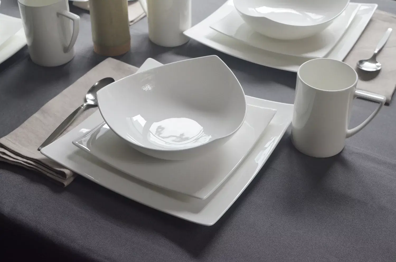 White Four Piece Square Bone China Dinnerware Set - Image 9