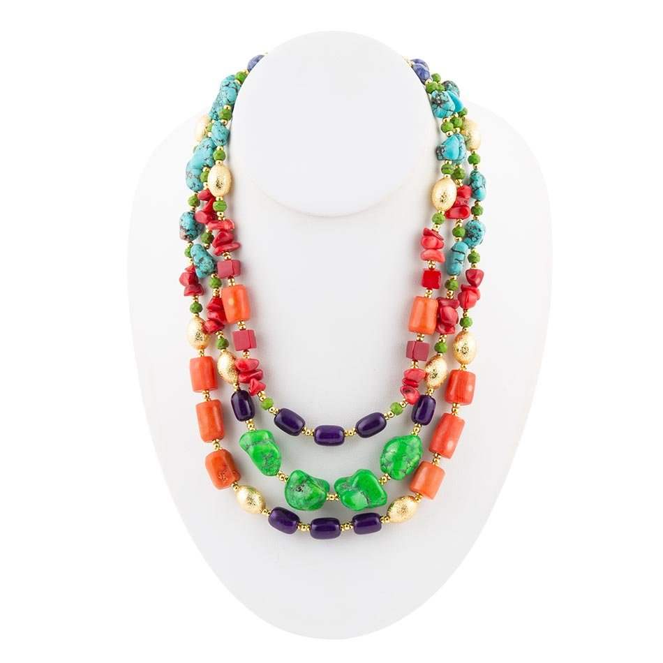 Zion Multi-Color Triple Strand Golden Statement Necklace - Image 3